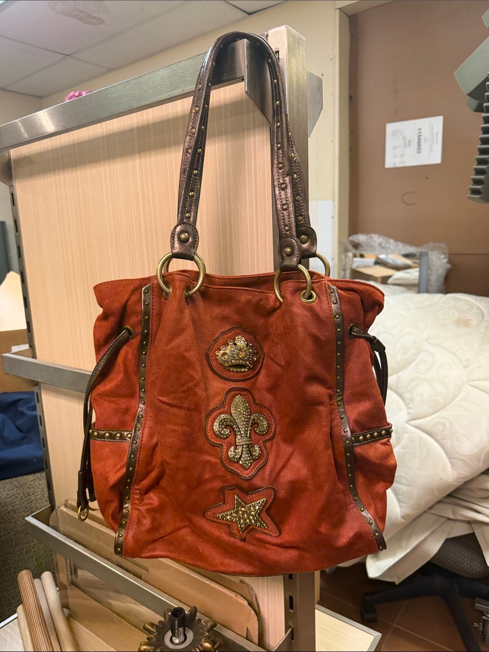 Embellished Vinyl Tote Bag with Fleur-de-Lis Detail
